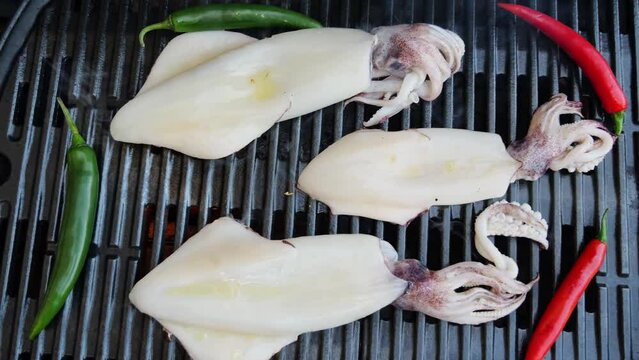 Squids on the cast iron grill barbecue. Seafood. Squids on grill. Top view