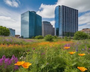 Urban green space with vibrant wildflowers showcasing building skycrapper. generative ai