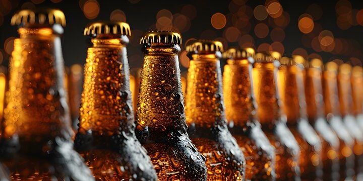 Display of Chilled Beer Bottles in a Tidy Row. Concept Beer Bottles, Chilled, Display, Tidy Row