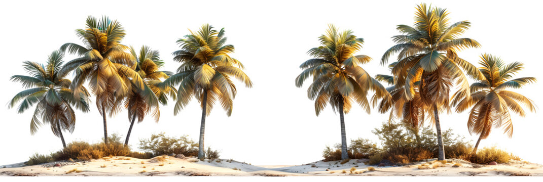 Row of palm trees on a sandy beach on white transparent ,
Realistic Summer Beach Scenery Background with Palm Trees 

