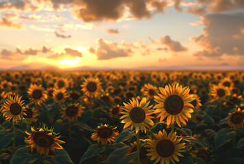 Feld mit Sonnenblumen, Farbenfrohe Sonnenblumen blühen, Konzept Sommer