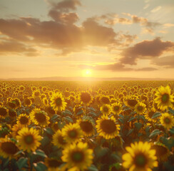 Fototapeta premium Feld mit Sonnenblumen, Farbenfrohe Sonnenblumen blühen, Konzept Sommer