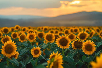 Feld mit Sonnenblumen, Farbenfrohe Sonnenblumen blühen, Konzept Sommer