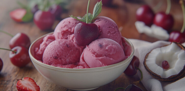 Schüssel Eis mit Eiskugeln, leckeres Fruchteis mit frischen Kirschen, Erdbeereis und Sahne-Kirsch mit Früchten