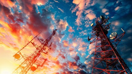 Satellite dish telecom network at sunset communication technology network
