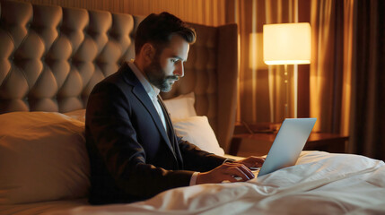A handsome businessman wearing an elegant black suit, lying in a luxurious hotel room interior bed with white sheets, typing on a laptop or notebook device. Working on the internet, online job