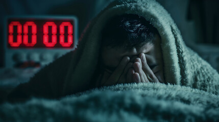 Closeup of a man lying in bed, covered with blanket or sheets, frustrated young male person can't sleep, alarm clock in the background, showing 00:00, midnight time. Insomnia and sleepless problem - obrazy, fototapety, plakaty