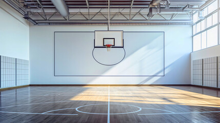 Empty basketball gym, sunlight coming through the windows, illuminating the hardwood parquet floor with thick white lines. Hoop, backboard and net placed in a public school sports indoor playground - obrazy, fototapety, plakaty