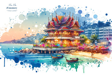 Twilight Splendor at Hua Hin, Thailand - A Seaside Watercolor Impression Landmark