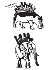 Graphical elephant and hippo with megapolis silhouettes walking on white background, vector illustration	