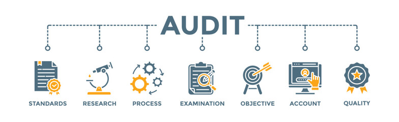 Audit banner web icon vector illustration concept with icon of standards, research, process, examination, objective, account, and quality