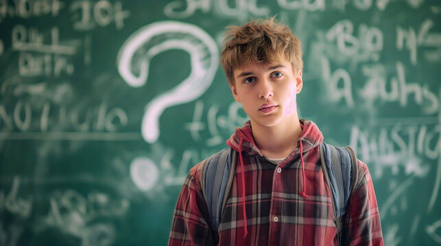A handsome young teenage boy with curious and thoughtful face expression. Male teen student standing in front of the blackboard. Thinking of an idea, question mark drawing in the background