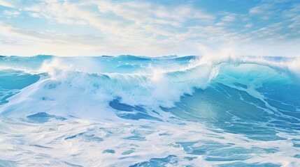 Summer seascape, beautiful waves, blue sea water on a sunny day. View from above. Beautiful bright splashes of sea waves on the beach sand.