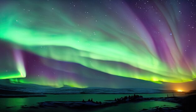 A glowing, shimmering aurora borealis illuminating a vast landscape