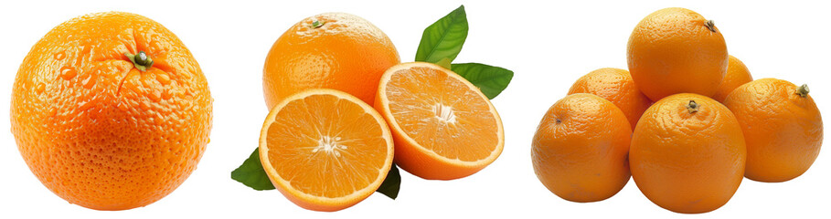 Orange fruit collection, a single one and as a group, isolated on a transparent background