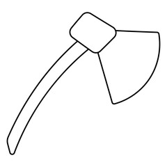 An ax is a metal tool with a wooden handle for use in the garden, at home, and outdoors. Sharp weapon. Chop wood and use it in construction. Hand drawn vector illustration. Icon, element,  line.