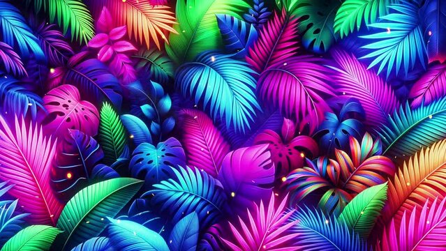 Colorful background with tropical leaves and gold sparkles.