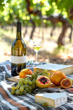 A picnic at the vineyard with wine, grapes, cheese and other snacks. Small snack in nature.	