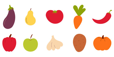 Set of fruits and vegetables elements: eggplant, pear, tomato, carrot, pepper, apple, garlic, potato, pumpkin. Eco bio home production . Spring, summer period. Hand drawn vector illustration.