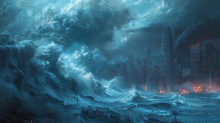 Digital artwork of a massive tsunami wave crashing into a modern cityscape under stormy skies. - obrazy, fototapety, plakaty