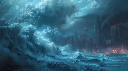 Foto op Aluminium Digital artwork of a massive tsunami wave crashing into a modern cityscape under stormy skies. © feeling lucky