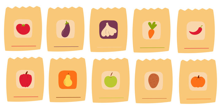 A set of seeds for growing vegetables and fruits in the garden: tomato, eggplant, garlic, carrot, pepper, apple, pear, pumpkin, potato. Eco-friendly production. Hand drawn vector illustration. Icon.