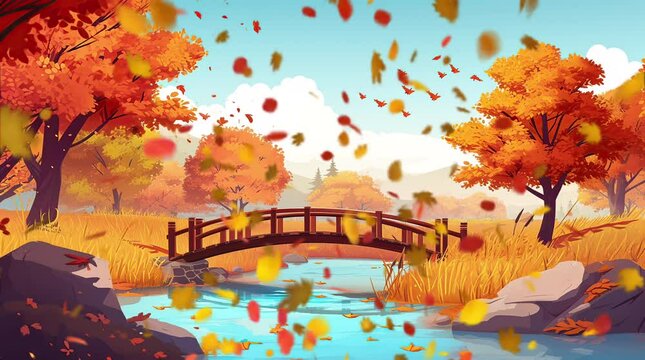 Scenic autumn bridge spanning across a tranquil forest river, surrounded by vibrant fall foliage Seamless looping 4k time-lapse virtual video animation background. Generated AI