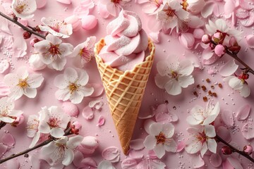 Pink ice cream in cone on background of apple, cherry or apricot flowers. Generative AI