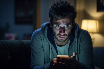 A man appears worried and tense as he looks at his phone screen in a dimly lit living room at night.
