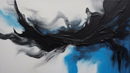 An engaging piece of abstract art blending dynamic black strokes with calming blue hues