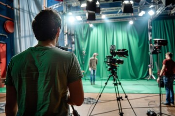 A film crew works on a set, with a cinematographer operating a camera focused on the action in front of a green screen.