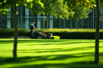 Rolgordijnen Worker Mowing Lawn on a Sunny Day in an Urban Park Setting © Natalia Klenova