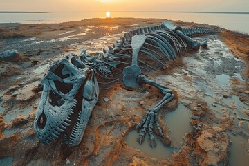 A dinosaur skeleton lies exposed within an excavation site, showcasing its fossilized bones against...