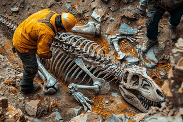 A team of paleontologists is carefully uncovering the skeletal remains of a dinosaur at an archaeological excavation site.