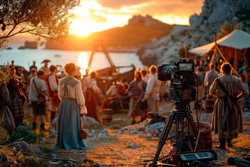 A film crew captures a movie scene in a vintage setting at sunset, with actors dressed in period costumes gathered in a rural landscape. - obrazy, fototapety, plakaty