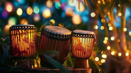 African bongo musical drums kit with tropical tress and decorative holiday string lights on...