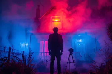 Fototapeten A cinematographer operates a camera on a tripod, capturing a scene outside a house bathed in atmospheric blue light and fog at dusk. © photolas