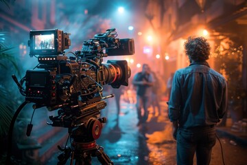 A cinematographer operates a camera on a tripod, capturing a scene outside a house bathed in atmospheric blue light and fog at dusk. - obrazy, fototapety, plakaty