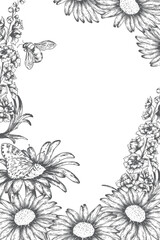 Floral insulated frame on a transparent background in a minimalistic vintage style with hand-painted elements. Botanical vector frame for text, decor, postcards, invitations, greetings
