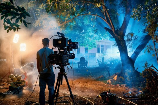 A cinematographer operates a camera on a tripod, capturing a scene outside a house bathed in atmospheric blue light and fog at dusk.