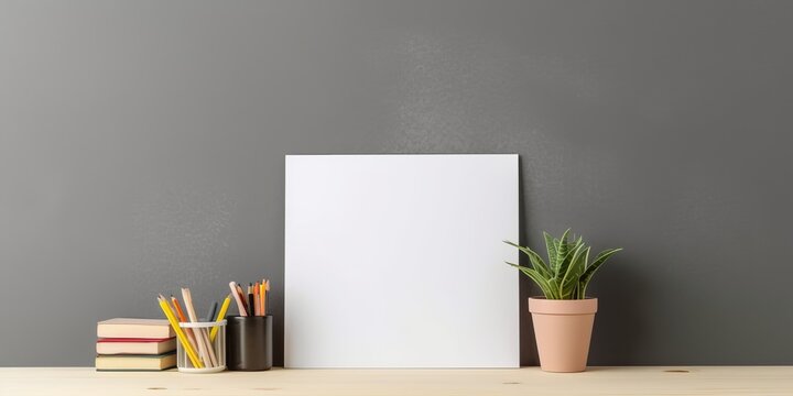 Creative desk with a blank picture frame or poster, desk objects, office supplies, books, and plant on  grey wall background, Generative AI