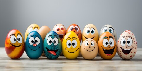 Joyful Easter Eggs with Fun Faces Stand Out Against White Background. Concept Easter Photoshoot, Fun Props, Colorful Eggs, Holiday Portraits, Creative Art Project