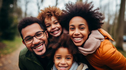 Multiracial Family Selfie in Autumn Park