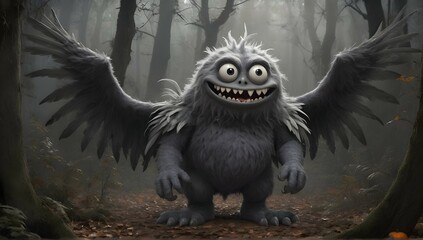 A stunning photograph captures a grey monster with a charming smile and a multitude of eyes, set against a dark and eerie forest. Its feathers and wings add a touch of magic to this Halloween-inspired
