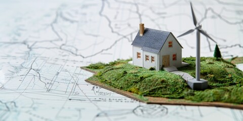 Model of a house on an island with a wind turbine on the background of a map. Ecology and green energy concept