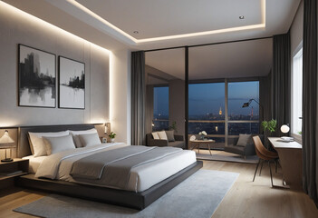 Illustration of modern bedroom with decoration on the wall, 3d