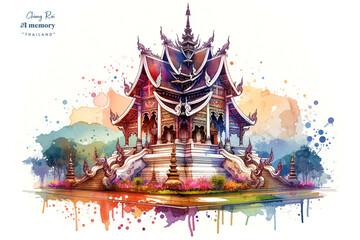 Chiang Rai's Temple Elegance Thailand- A Watercolor Portrait Landmark - obrazy, fototapety, plakaty