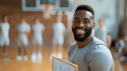 Portrait of a happy African American basketball coach, bearded man standing on the hardwood court in the basketball gym interior, looking at the camera and smiling.Holding a whiteboard,players blurred - obrazy, fototapety, plakaty