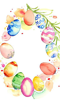 Frame of Easter eggs and spring flowers, watercolor. High quality photo Delicate pastel colors depicting Easter eggs and flowers create an atmosphere of celebration, joy and happiness