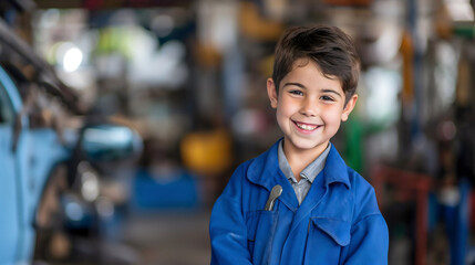 Fototapeta premium Portrait of a cute little car mechanic boy. Male preschool kid wearing a blue uniform with wrench in a pocket, looking at the camera and smiling, standing in an automotive repair workshop center room